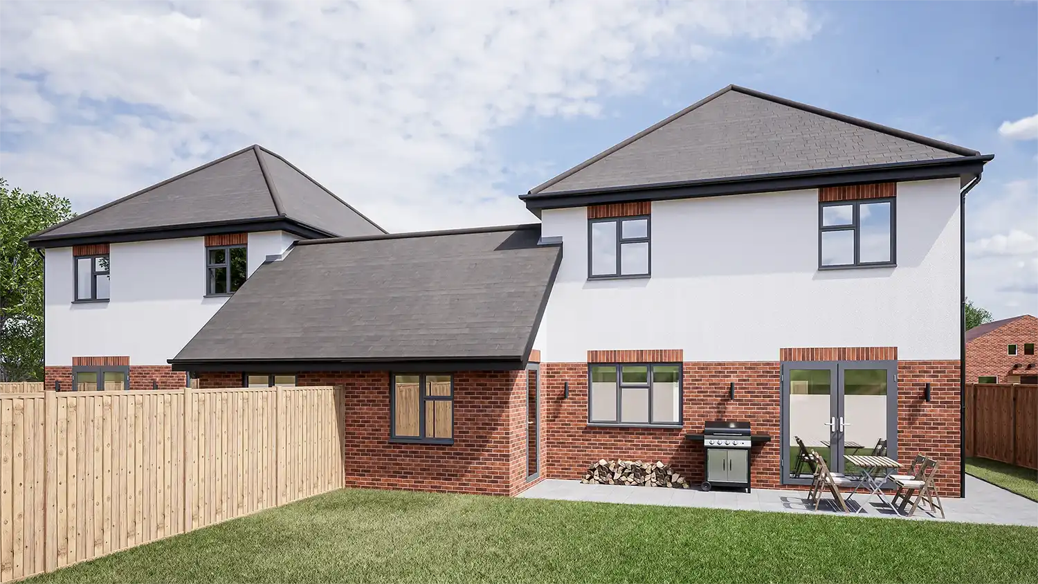 a modern detached detached house with a large garden